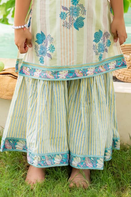 Shop_Plumcheeks_Green Cotton Embroidery Printed Kurta Sharara Set_Online_at_Aza_Fashions