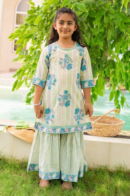 Buy_Plumcheeks_Green Cotton Embroidery Printed Kurta Sharara Set