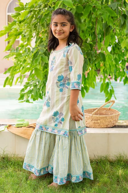Shop_Plumcheeks_Green Cotton Embroidery Printed Kurta Sharara Set