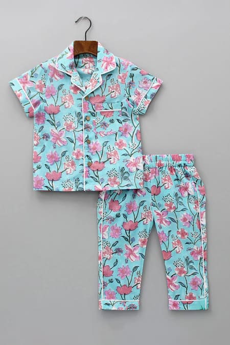 Plumcheeks Blue Cotton Printed Shirt And Pyjama Set 