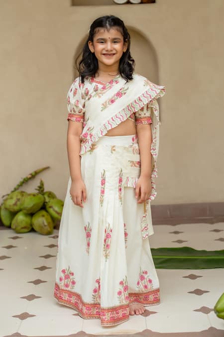 Plumcheeks Off White Cotton Embroidery, Tassels, Manika Printed Lehenga Saree With Blouse 