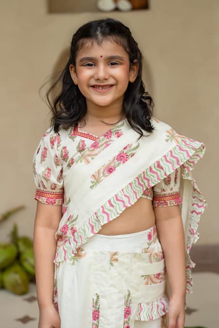 Shop Plumcheeks Off White Cotton Embroidery, Tassels, Manika Printed Lehenga Saree With Blouse Online at Aza Fashions Shop_Plumcheeks_Off White Cotton Embroidery, Tassels, Manika Printed Lehenga Saree With Blouse _Online_at_Aza_Fashions