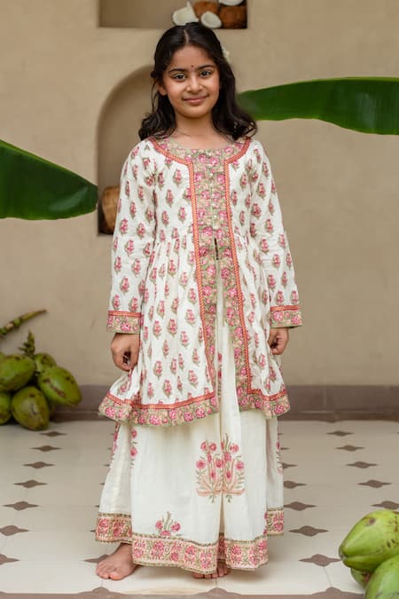 Plumcheeks Off White Cotton Embroidery, Tassels Manika Printed Top And Skirt Set 