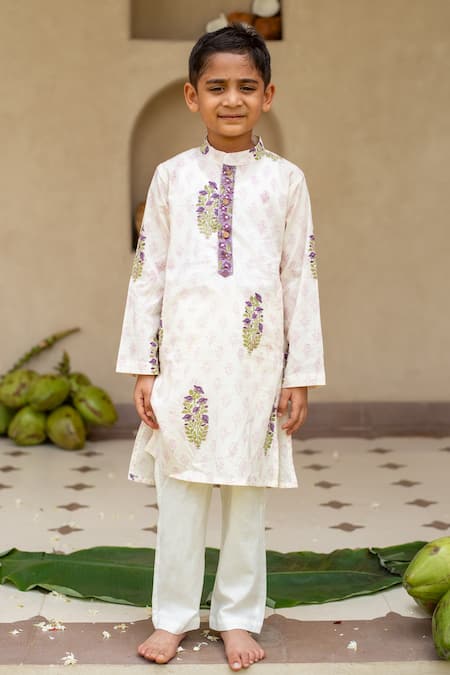 Plumcheeks Off White Cotton Beads Jamuni Printed Kurta Set 