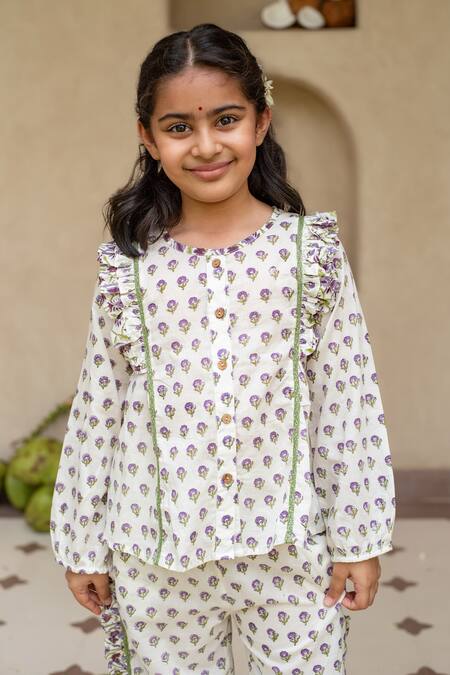 Plumcheeks_Off White Cotton Ruffles Jamuni Printed Top And Pant Set _Online_at_Aza_Fashions