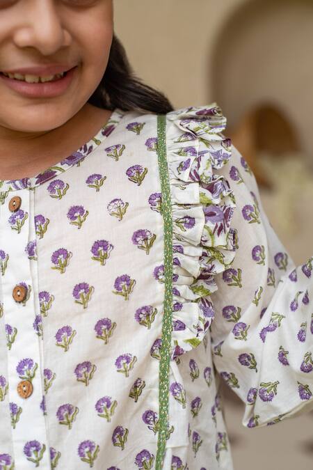 Buy_Plumcheeks_Off White Cotton Ruffles Jamuni Printed Top And Pant Set _Online_at_Aza_Fashions