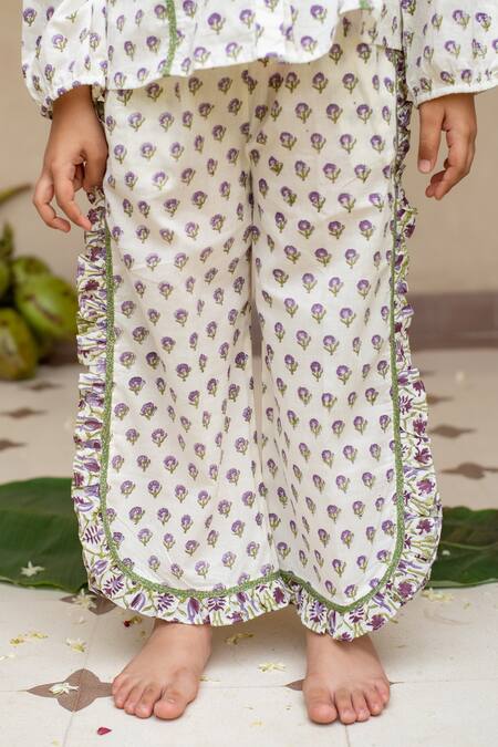 Shop_Plumcheeks_Off White Cotton Ruffles Jamuni Printed Top And Pant Set _Online_at_Aza_Fashions