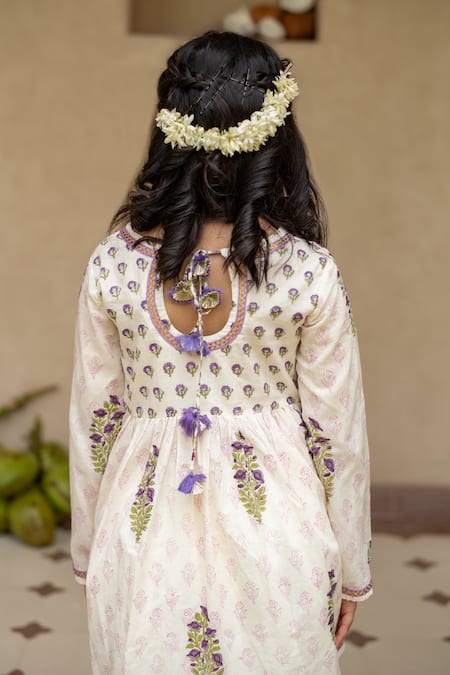 Plumcheeks_Off White Cotton Lace, Tassels Printed Kurta And Dhoti Pant Set _Online_at_Aza_Fashions