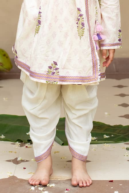 Shop_Plumcheeks_Off White Cotton Lace, Tassels Printed Kurta And Dhoti Pant Set _Online_at_Aza_Fashions