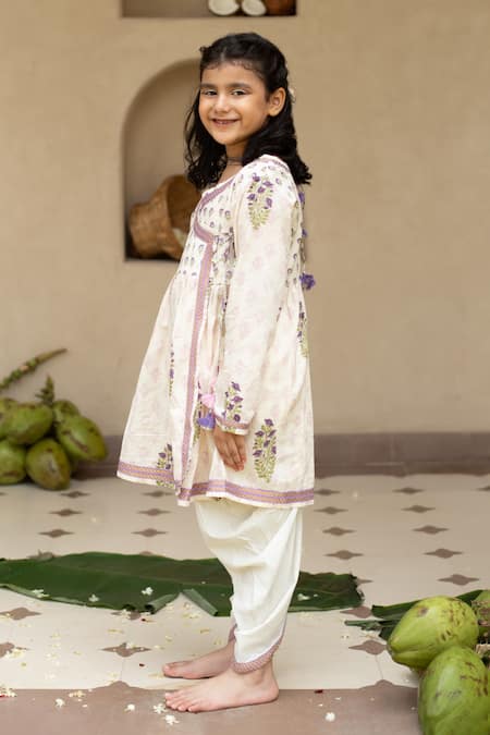 Plumcheeks_Off White Cotton Lace, Tassels Printed Kurta And Dhoti Pant Set _at_Aza_Fashions