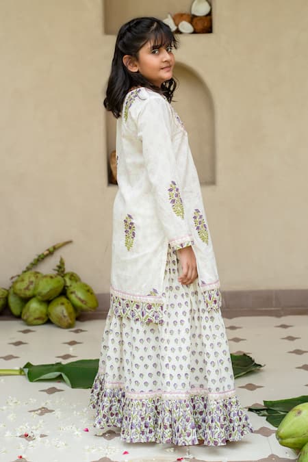 Buy_Plumcheeks_Off White Cotton Lace, Tassels Jamuni Printed Kurta Lehenga Set _Online_at_Aza_Fashions