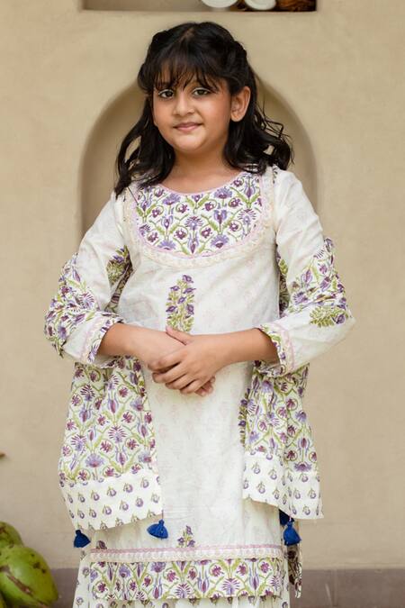 Shop_Plumcheeks_Off White Cotton Lace, Tassels Jamuni Printed Kurta Lehenga Set _Online_at_Aza_Fashions