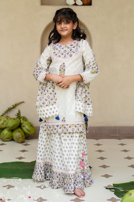 Plumcheeks Off White Cotton Lace, Tassels Jamuni Printed Kurta Lehenga Set 