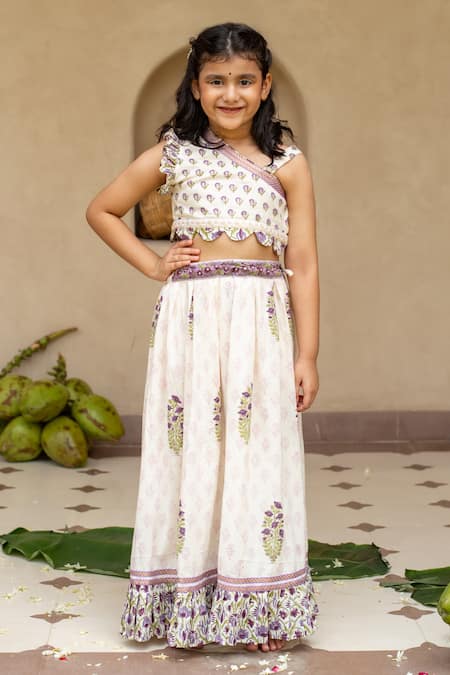 Plumcheeks Off White Cotton Lace, Tassels Jamuni Printed Blouse And Skirt Set 
