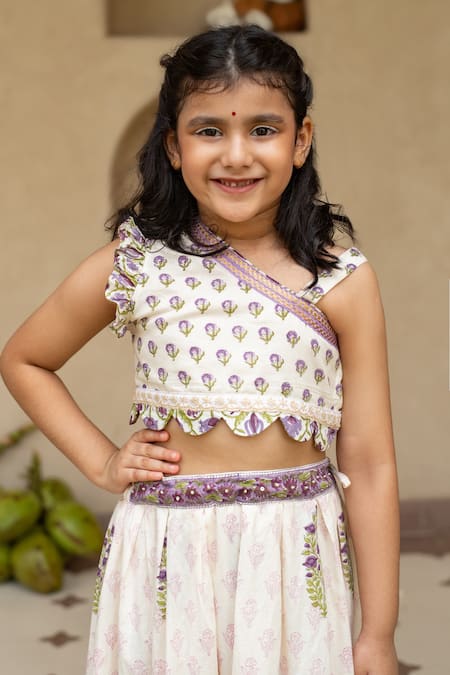 Shop_Plumcheeks_Off White Cotton Lace, Tassels Jamuni Printed Blouse And Skirt Set _Online_at_Aza_Fashions