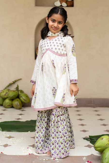 Plumcheeks Off White Cotton Lace, Piping Jamuni Printed Kurta Sharara Set 