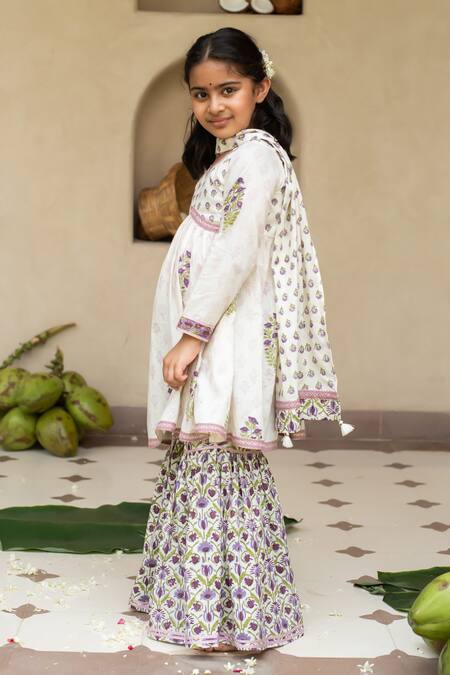 Plumcheeks_Off White Cotton Lace, Piping Jamuni Printed Kurta Sharara Set _Online_at_Aza_Fashions