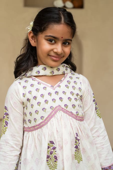 Buy_Plumcheeks_Off White Cotton Lace, Piping Jamuni Printed Kurta Sharara Set _Online_at_Aza_Fashions