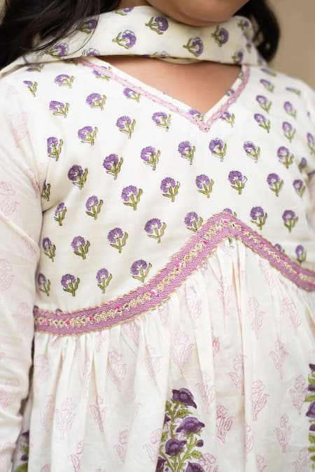 Plumcheeks_Off White Cotton Lace, Piping Jamuni Printed Kurta Sharara Set _at_Aza_Fashions