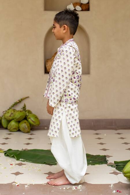 Plumcheeks_Off White Cotton Lace, Embroidery Jamuni Printed Bundi And Kurta Set _Online_at_Aza_Fashions