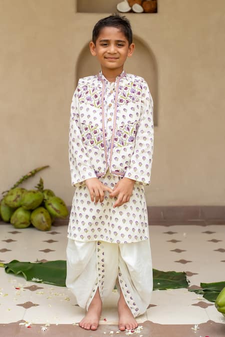 Plumcheeks Off White Cotton Lace, Embroidery Jamuni Printed Bundi And Kurta Set 