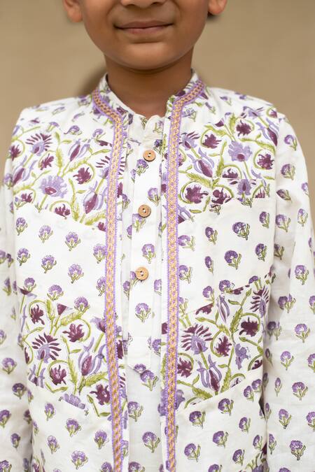 Shop_Plumcheeks_Off White Cotton Lace, Embroidery Jamuni Printed Bundi And Kurta Set _Online_at_Aza_Fashions