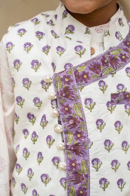 Shop_Plumcheeks_Off White Cotton Jamuni Butti Printed Bundi And Kurta Set _Online_at_Aza_Fashions