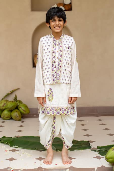 Plumcheeks Off White Cotton Jamuni Printed Bundi And Kurta Set 