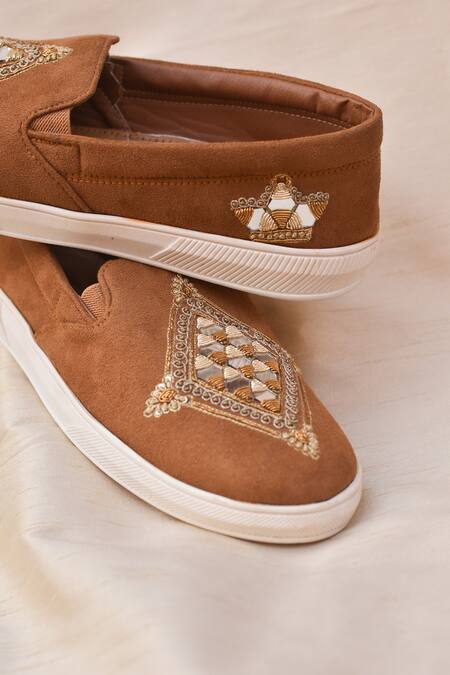 Around Always Tan Abeer Mirror Embroidered Sneakers Online at Aza Fashions Around Always_Tan Abeer Mirror Embroidered Sneakers _Online_at_Aza_Fashions