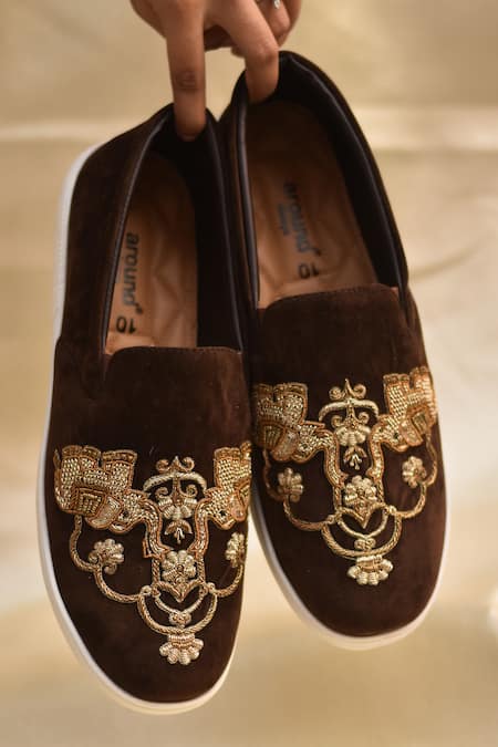 Around Always Brown Gajj Thread Embroidered Sneakers Online at Aza Fashions Around Always_Brown Gajj Thread Embroidered Sneakers _Online_at_Aza_Fashions