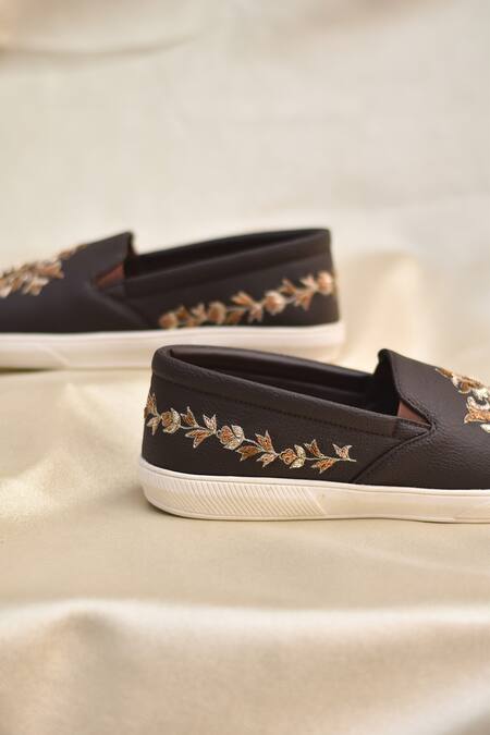 Around Always_Brown Maheer Crest Embroidered Sneakers _Online_at_Aza_Fashions
