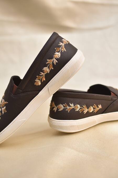Buy_Around Always_Brown Maheer Crest Embroidered Sneakers _Online_at_Aza_Fashions