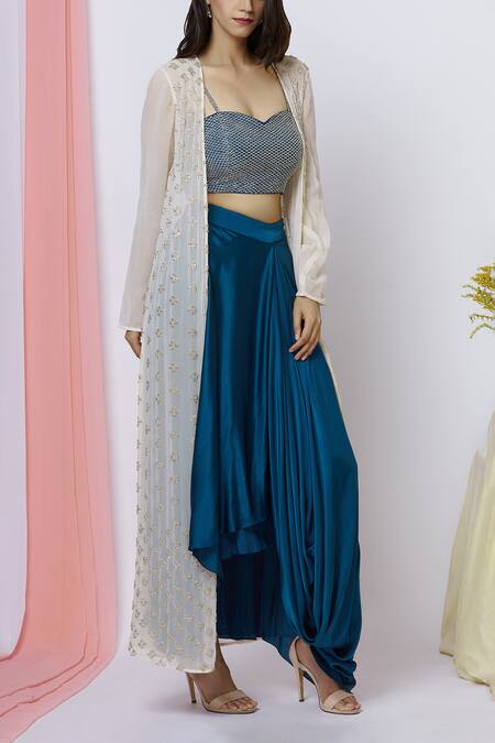 Aariyana Couture Blue Georgette, Silk Embroidery Sweetheart , Open Draped Skirt Set at Aza Fashions Aariyana Couture_Blue Georgette, Silk Embroidery Sweetheart , Open Draped Skirt Set_at_Aza_Fashions