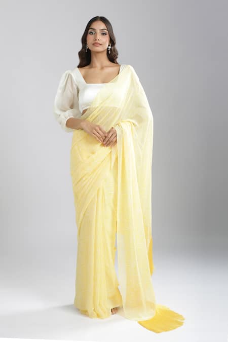 Aza X Shilpa Shetty Kundra Yellow Georgette, Silk Satin, Animal Swirl Print Saree With Puff Sleeve Blouse 