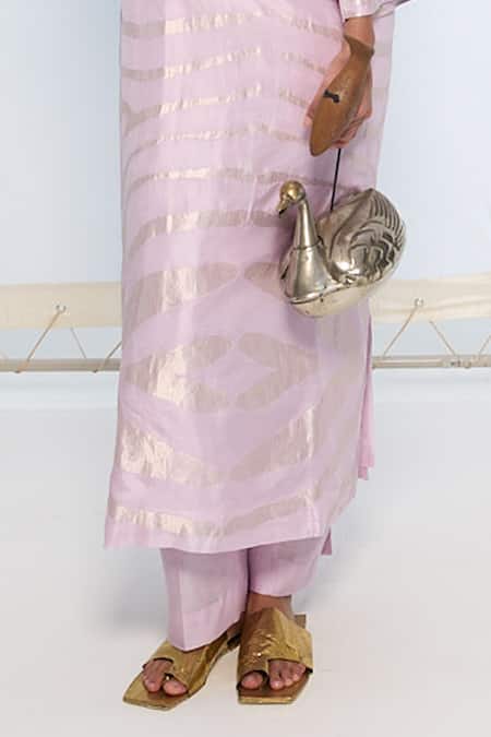 Ekaya Banaras_Purple Silk Zari V-neck Handwoven Kurta Set _at_Aza_Fashions