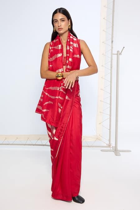 Ekaya Banaras Handwoven Red Rose Gold Zari Saree With Running Blouse 