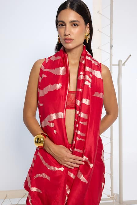 Shop Ekaya Banaras Red Silk Zari Handwoven Rose Gold Saree With Running Blouse Online at Aza Fashions Shop_Ekaya Banaras_Red Silk Zari Handwoven Rose Gold Saree With Running Blouse _Online_at_Aza_Fashions