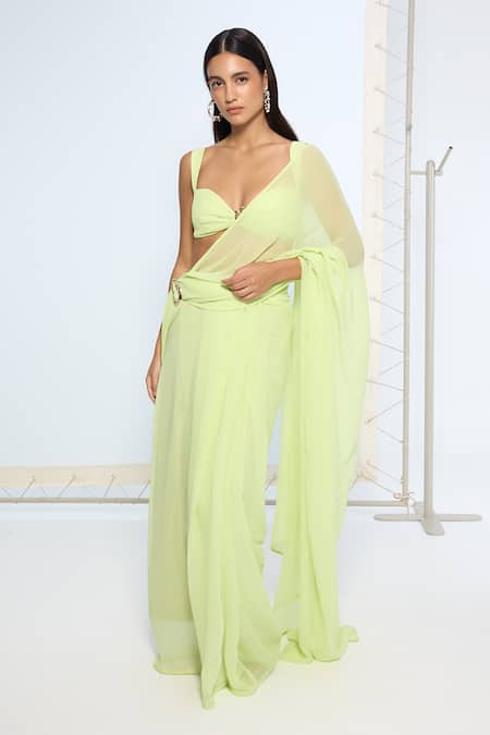 Ekaya Banaras Lime Green Movable Brooch Saree With Running Blouse 