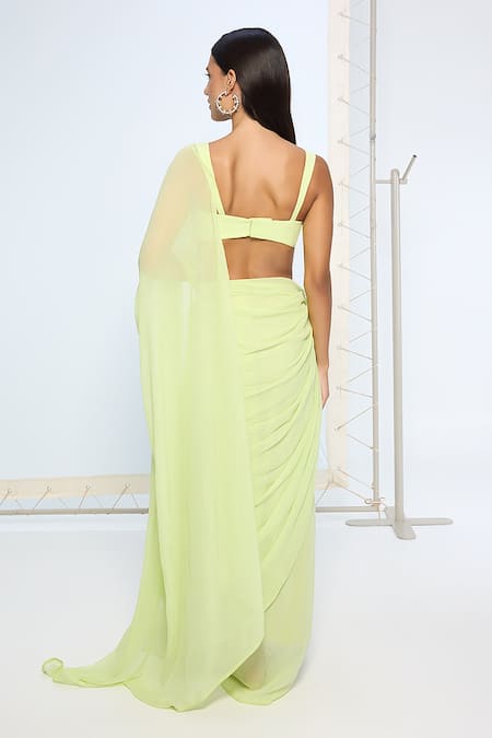 Ekaya Banaras Lime Green Movable Brooch Saree With Running Blouse 