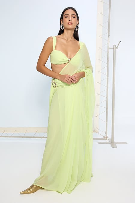 Shop_Ekaya Banaras_Lime Chiffon Green Movable Brooch Saree With Running Blouse _Online_at_Aza_Fashions