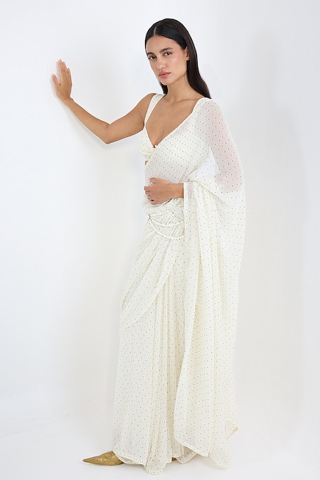 Ekaya Banaras White Polka Dotted Saree With Running Blouse 