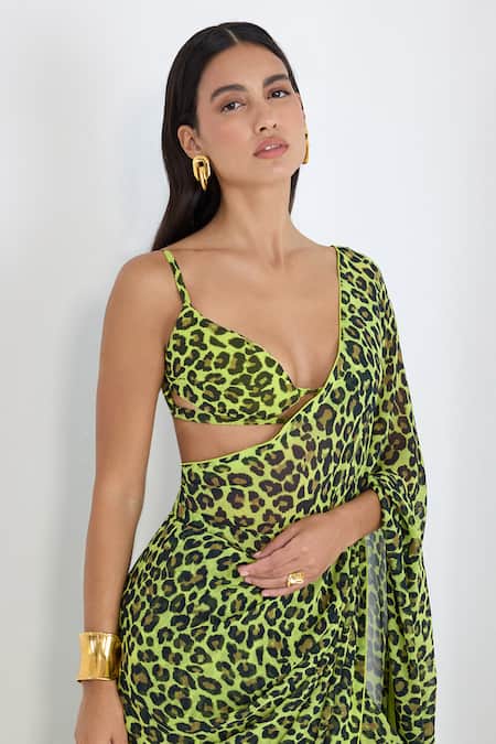 Buy_Ekaya Banaras_Green Georgette Leopard Print Saree With Running Blouse _Online_at_Aza_Fashions