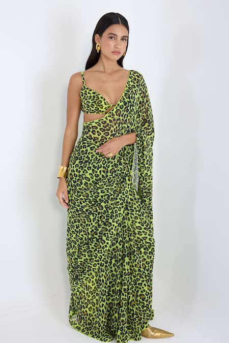 Ekaya Banaras Green Leopard Print Saree With Running Blouse 