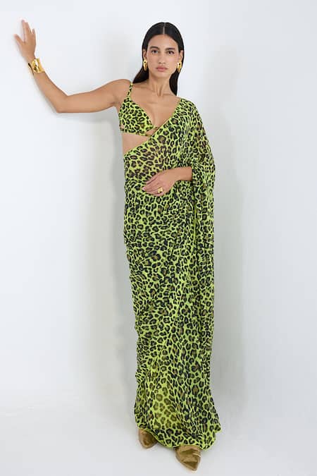 Shop_Ekaya Banaras_Green Georgette Leopard Print Saree With Running Blouse _Online_at_Aza_Fashions