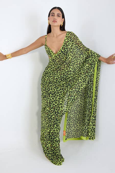 Ekaya Banaras Green Leopard Print Saree With Running Blouse 