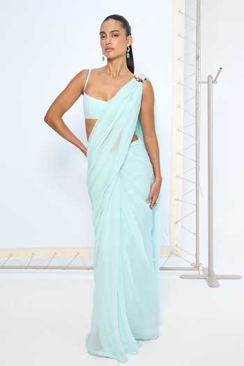 Buy Ekaya Banaras Blue Chiffon Ice Movable Brooch Saree With Running Blouse at Aza Fashions Buy_Ekaya Banaras_Blue Chiffon Ice Movable Brooch Saree With Running Blouse _at_Aza_Fashions