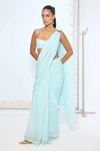 Ekaya Banaras Blue Chiffon Ice Movable Brooch Saree With Running Blouse Online at Aza Fashions Ekaya Banaras_Blue Chiffon Ice Movable Brooch Saree With Running Blouse _Online_at_Aza_Fashions