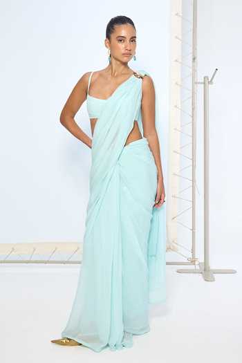 Buy Ekaya Banaras Blue Chiffon Ice Movable Brooch Saree With Running Blouse Online at Aza Fashions Buy_Ekaya Banaras_Blue Chiffon Ice Movable Brooch Saree With Running Blouse _Online_at_Aza_Fashions