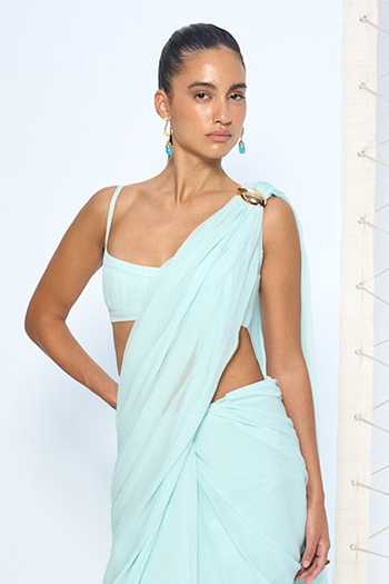 Shop Ekaya Banaras Blue Chiffon Ice Movable Brooch Saree With Running Blouse Online at Aza Fashions Shop_Ekaya Banaras_Blue Chiffon Ice Movable Brooch Saree With Running Blouse _Online_at_Aza_Fashions