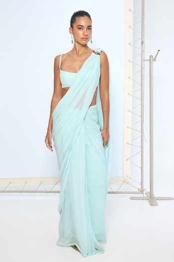 Ekaya Banaras Blue Chiffon Ice Movable Brooch Saree With Running Blouse at Aza Fashions Ekaya Banaras_Blue Chiffon Ice Movable Brooch Saree With Running Blouse _at_Aza_Fashions